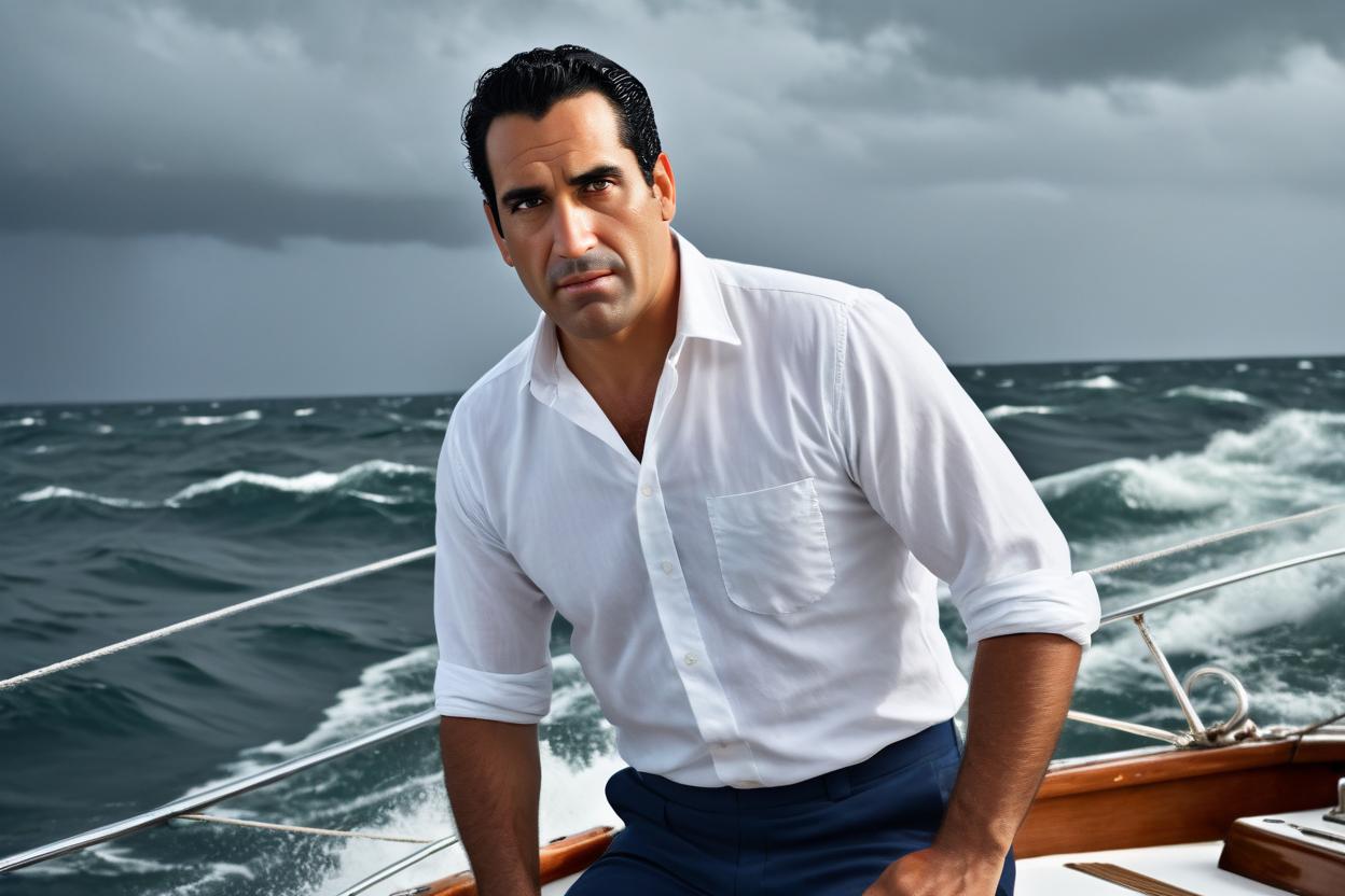 Artificial Intelligence (AI) generated image art, ..., Generate a photo-realistic image of a handsome sailor in his 30s, with a determined expression, confidently navigating a 40-foot Beneteau sailboat through a storm. He is wearing a white linen shirt, slightly billowing in the strong wind, and fitted blue trousers. His face shows concentration and resolve, embodying his belief in surviving the storm. The background should depict dark, ominous clouds and turbulent sea waves, highlighting the severity of the weather. The sailor\'s hands are firmly on the helm, showcasing well-defined muscles and a strong grip, indicating his experience and capability. The lighting should accentuate the dramatic contrast between the dark stormy environment and the hopeful determination on the sailor\'s face. Include details such as raindrops on his shirt and the spray of the sea, adding to the realism of the scene.
