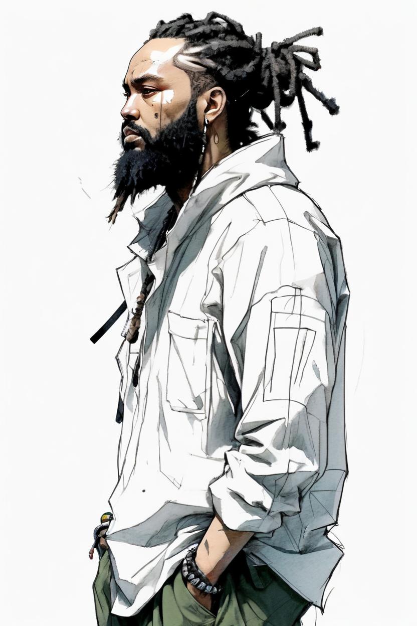 Artificial Intelligence (AI) generated image art, character design, unfinished pencil sketch, ample body, big full beard, dreadlocks in a bun, baggy clothes, concept design sheet, white background, style of yoji shinkawa, side view, full body portrait,