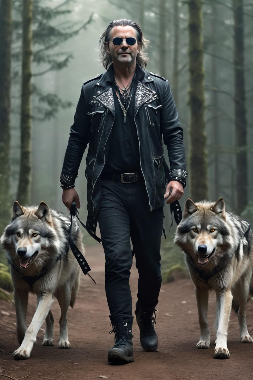 Artificial Intelligence (AI) generated image art, ..., dressed like a rock star, walking with wolves, forest , photo, realistic