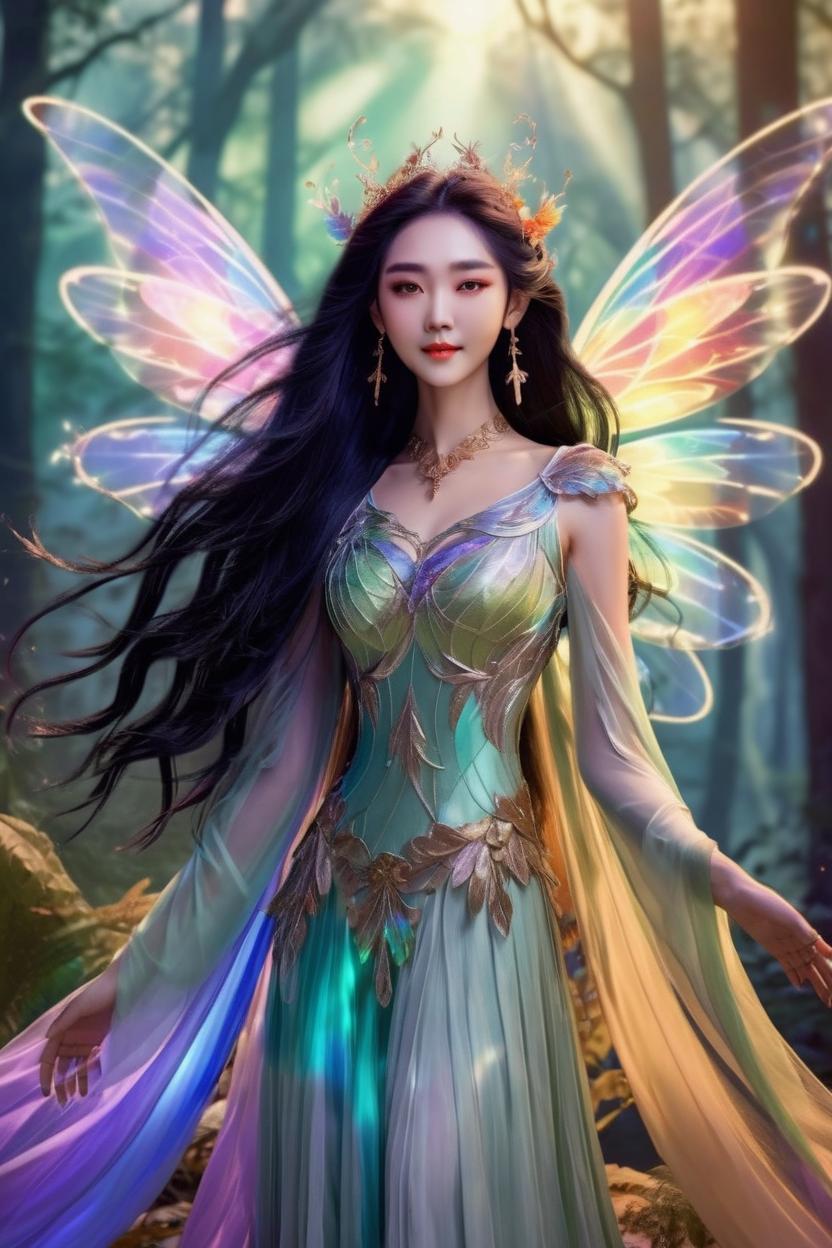 Artificial Intelligence (AI) generated image art, ..., illustration, as a fairy queen, with beautiful colorful gossamer wings, tan smooth skin, long wavy and lusterous hair flowing out around her, backlit to cause a halo around her, smaller fairys and sprites dance behind her a mysterious forest in the background