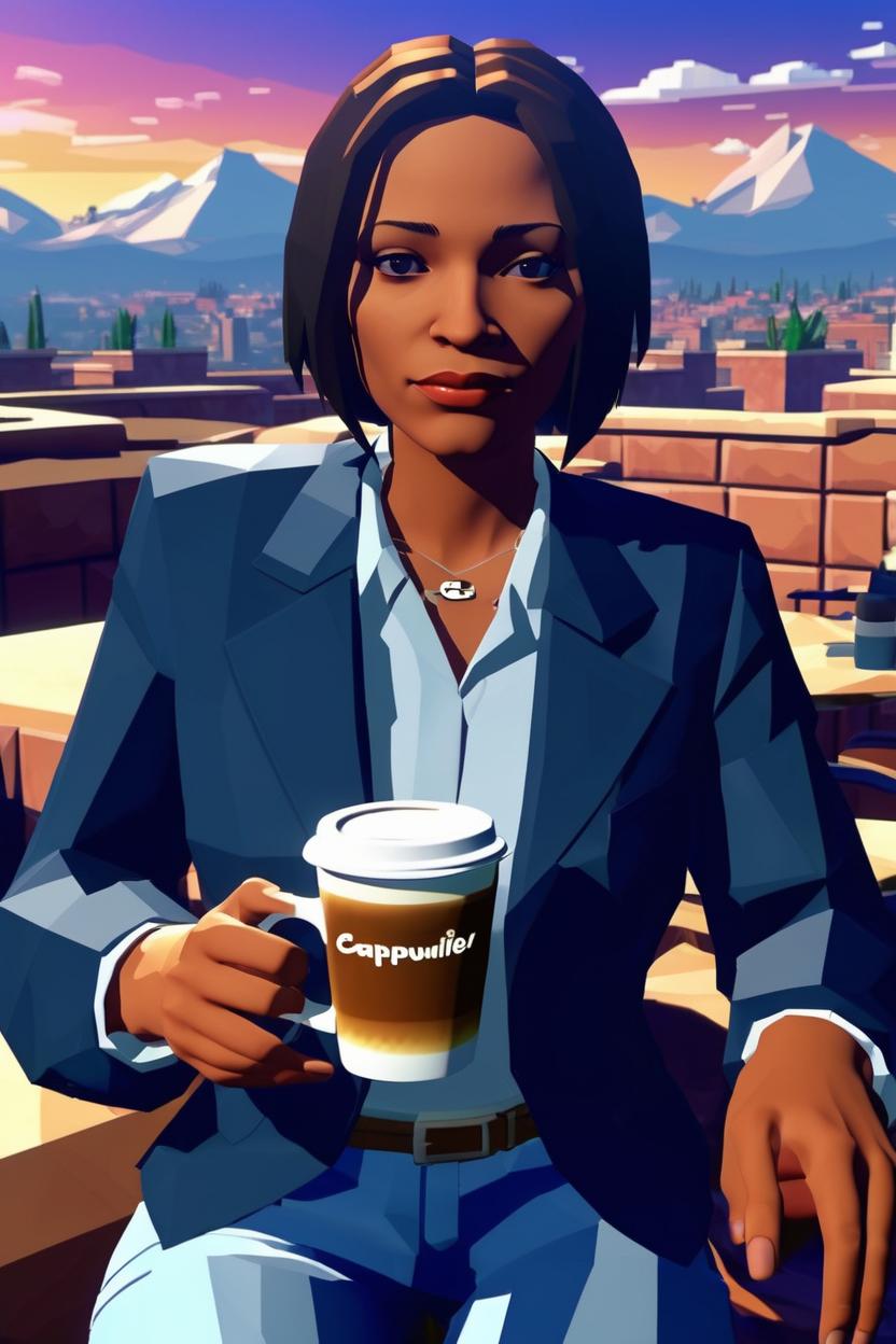 Artificial Intelligence (AI) generated image art, ..., early 2000 low game graphics, 2000s playstation graphics artstyle, low polygon 3d game, psx game, ps2 game, drinking cappuccino, as gangster, beautiful sky