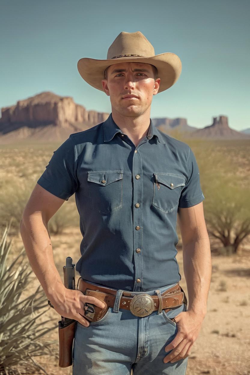 Artificial Intelligence (AI) generated image art, ..., cowboy, film portrait, faded colors, ((southwest desert background)), cowboy hat, ((texas)), jeans, belt buckle, (holster with cattleman revolver(