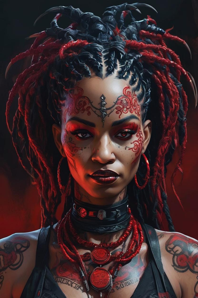 Artificial Intelligence (AI) generated image art, ..., An intricately decorated Gothic Gargon Medusa representing a fusion of Cybergothic, Midwestern Gothic, Nu-Gothic and Suburban Gothic styles. Her body is covered in red threads, organic body art, and a mixture of dark, mysterious influences. This vibrant image of Jinx is a hyper-realistic digital painting that showcases every detail of her meticulously crafted and darkly enchanting appearance. The quality of the work is exceptional, with vibrant colors, intricate textures and immersive atmosphere creating a sense of the eerie yet alluring world of this unique character.