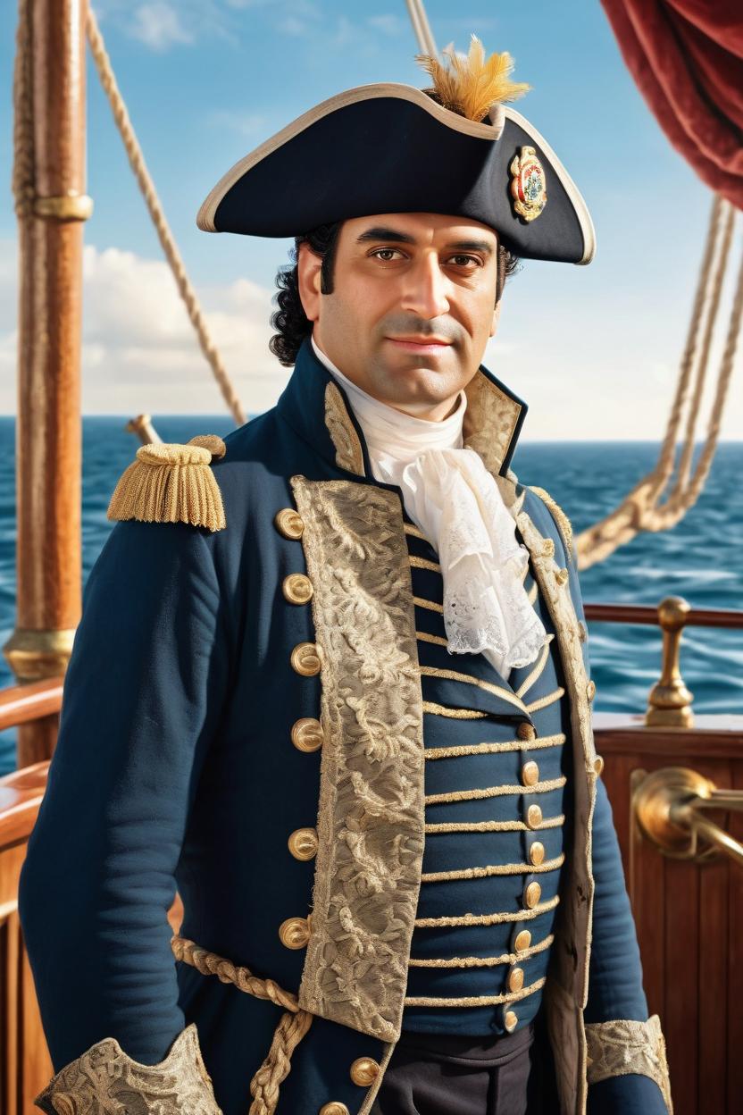 Artificial Intelligence (AI) generated image art, ..., Create a photo-realistic image of a stern yet handsome British captain from the 17th century, standing confidently on the deck of a galleon. He is dressed in period-appropriate attire for a captain of his rank, which includes a decorated tricorne hat, an ornate justaucorps coat with gold braid, a lace cravat, breeches, and tall leather boots. His face conveys authority and determination, with sharp features and a commanding gaze that suggests he is not to be trifled with. The galleon is richly detailed, with the sails billowing in the Caribbean breeze and the deck laden with chests brimming with gold coins, jewels, and other treasures. The sea is calm and the sky is clear, reflecting the golden hour light that casts a warm glow over the scene, highlighting the opulence of the treasure and the proud poise of the captain