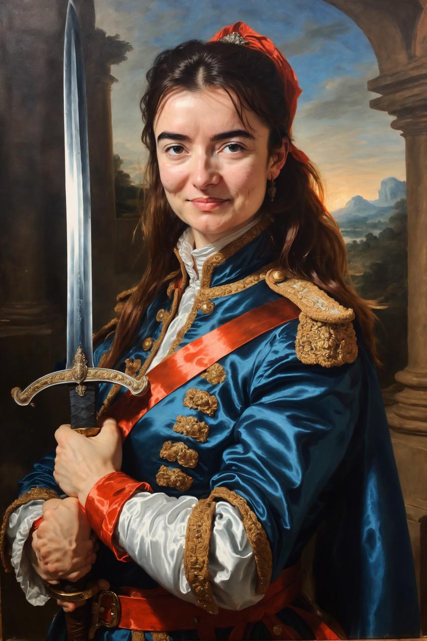 Artificial Intelligence (AI) generated image art, ..., oil painting, as 18th century bautiful female general, proud, holding sword up