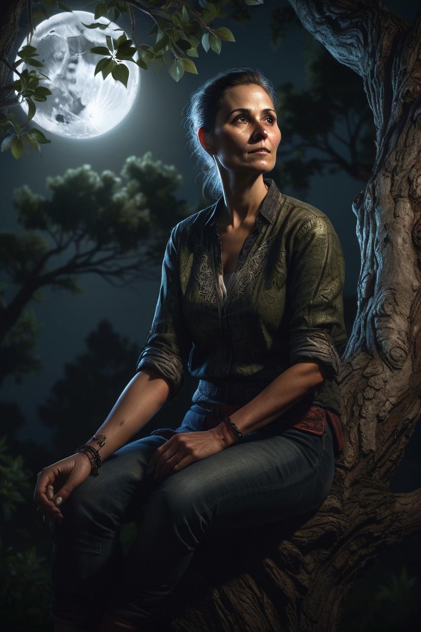 Artificial Intelligence (AI) generated image art, ..., full body, woman sitting in tree, looking at full moon, dark lighting, highly detailed, artstation, concept art, smooth, sharp focus