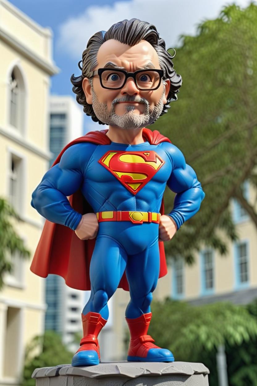 Artificial Intelligence (AI) generated image art, ((...)), with glasses, as a figurine, fullbody, Standing on a plinthe, dressed as Superman holding laptop with cityscape background, action figure, plastic