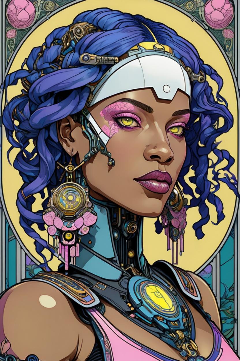 Artificial Intelligence (AI) generated image art, (*...*), portrait, artwork by Ivan Bilibin, Art Nouveau, tarot, cyberpunk, yellow and pink android, cyborg, robotic, with blue hair, white eyes, mauve irises, full body