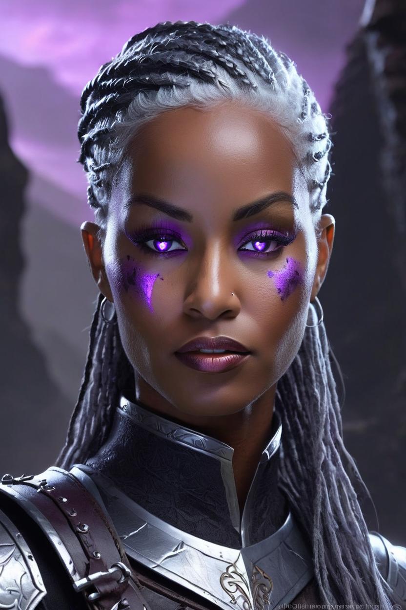 Artificial Intelligence (AI) generated image art, ..., (full body, long shot, head to toe portrait) Drow Elf warrior,calm and confident, sporting very dark grey skin contrasted by light grey hair, purple eyes gleam, adorned in black armor evoking her formidable nature, standing proudly in the underdark\'s ominous ambiance, digital painting, dramatic lighting, ultra fine details.