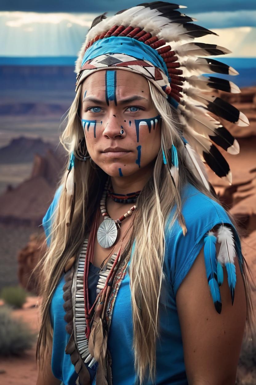 Artificial Intelligence (AI) generated image art, ..., (portrait), ((((full body)))), ((art By Mark Maggiori)), (beautiful native American), showing skin (Provocative looking), (a little war paint), 25 year old native american warrior, wearing a headdress, adventure, blue eyes, blonde long hair, standing at the top of a cliff, highly detailed, sharp focus, southwest red desert cliffs with dark stormy skies in the background,