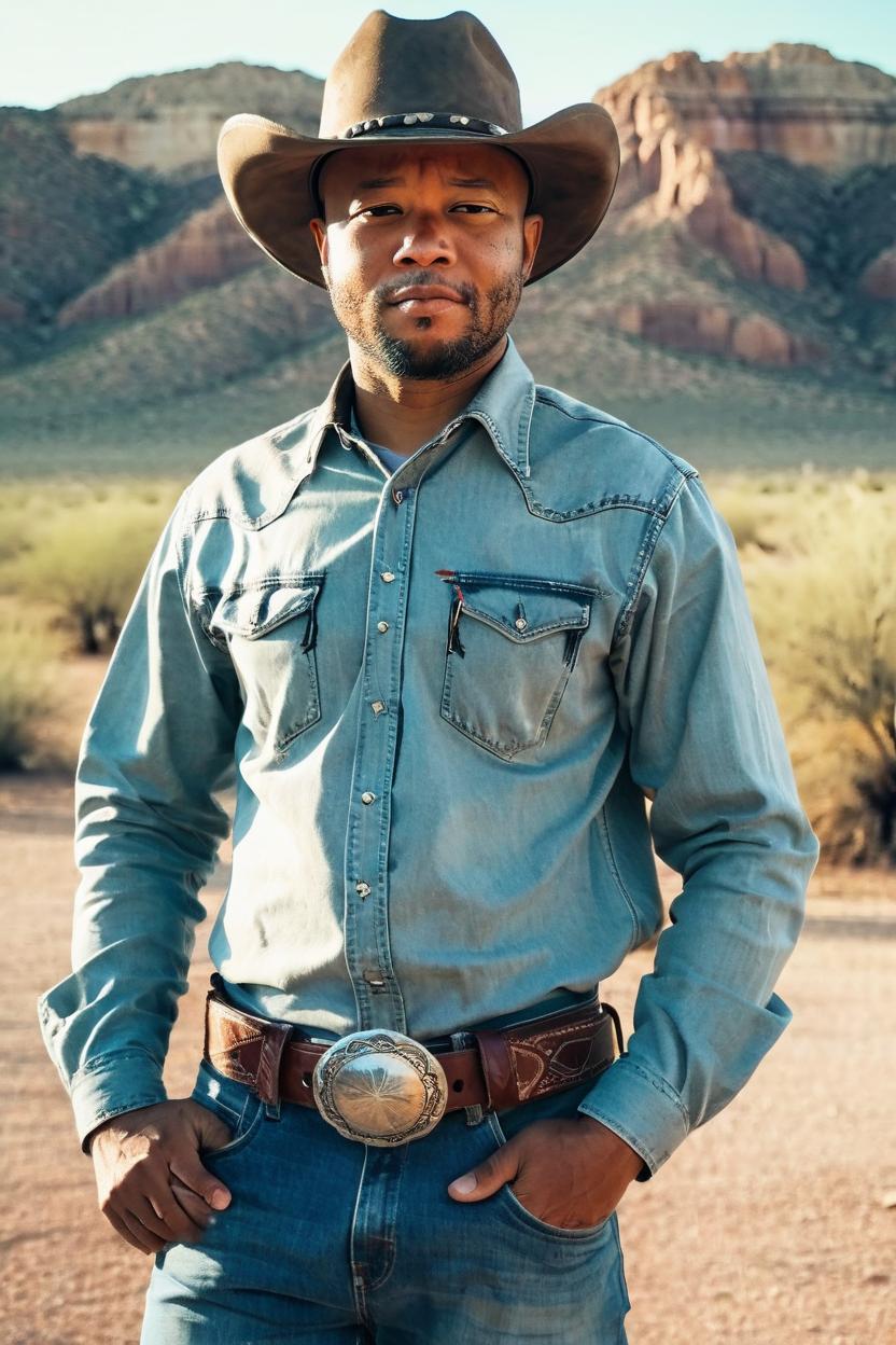 Artificial Intelligence (AI) generated image art, ..., film portrait, faded colors, ((southwest desert background)), cowboy hat, ((texas)), jeans, belt buckle,