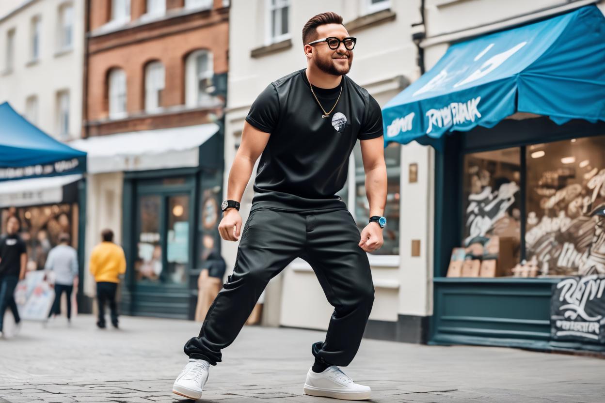 Artificial Intelligence (AI) generated image art, ((Publicity event photograph, full body, ... with highly accurate face, turtle freeze breakdancing move, wearing hip-hop clothing, ray-ban glasses, age 40, short 2mm dark brown beard)), photorealistic, highly detailed, accurate face shape, accurate eye colour, highly detailed eyes