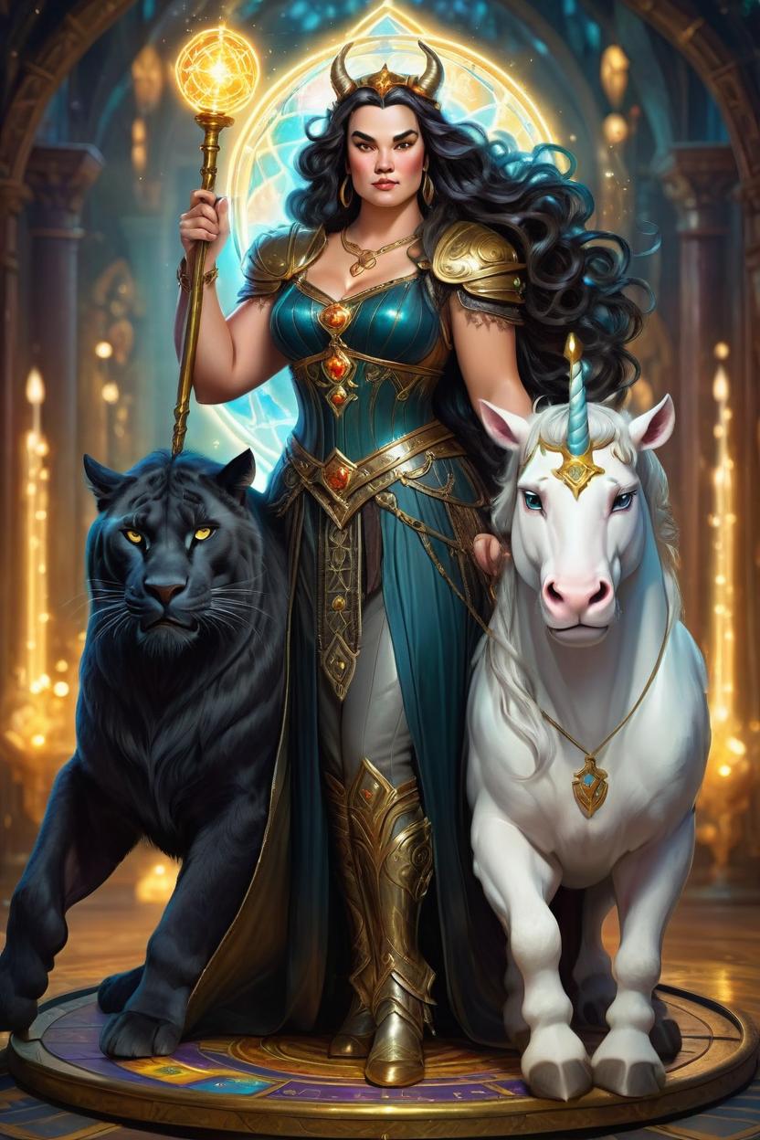 Artificial Intelligence (AI) generated image art, ..., as a medieval goddess with a panther and a unicorn, in the tarot card \\\'strength\\\', elegant, dark hair, glowing lights, full body shot head to toe, plus-sized body, lights detailed, digital painting, artstation, glamor pose, concept art, smooth, sharp focus, illustration, art by artgerm and greg rutkowki