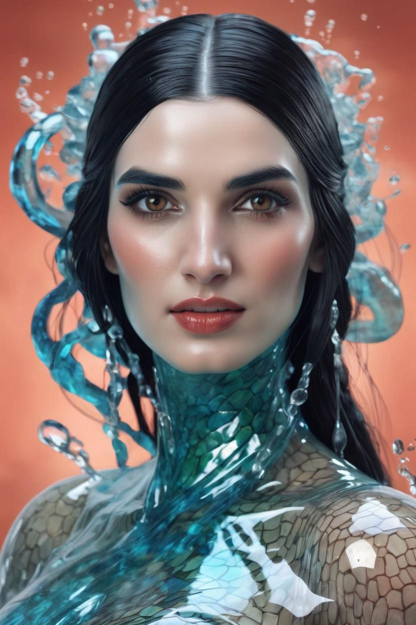 Artificial Intelligence (AI) generated image art, a beautiful portrait of (...) as a water goddess with transparent skin by Greg Rutkowski and Raymond Swanland, Trending on Artstation, coral background, ultra realistic digital art