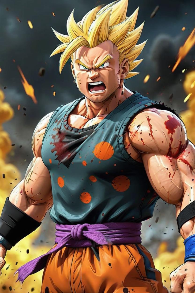 Artificial Intelligence (AI) generated image art, ...,  as a super saiyan god, In the style of Anime, Dragon Ball Z, art by Akira Toriyama, full body, looks like ..., powering up to next saiyan level, yelling, coloured aura, highly detail, sweaty and bloody from the battle, in a battle field, 4k, Anime