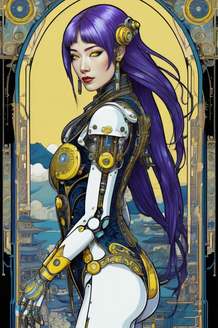 Artificial Intelligence (AI) generated image art, (*...*), portrait, artwork by Ivan Bilibin, Art Nouveau, tarot, cyberpunk, blue and yellow android, cyborg, robotic, with purple hair, white eyes, black irises, full body