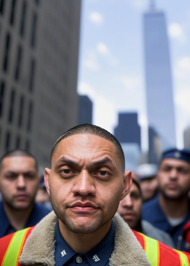 Artificial Intelligence (AI) generated image art, ..., early morning on September 11th running into the World Trade Center, candid wide-angle portrait, ((daytime lighting)), (addressing a crowd of people as far as the eye can see), photorealistic, cinematic, 8k, ultra-detailed, extremely sharp focus, dressed in a FDNY uniform”