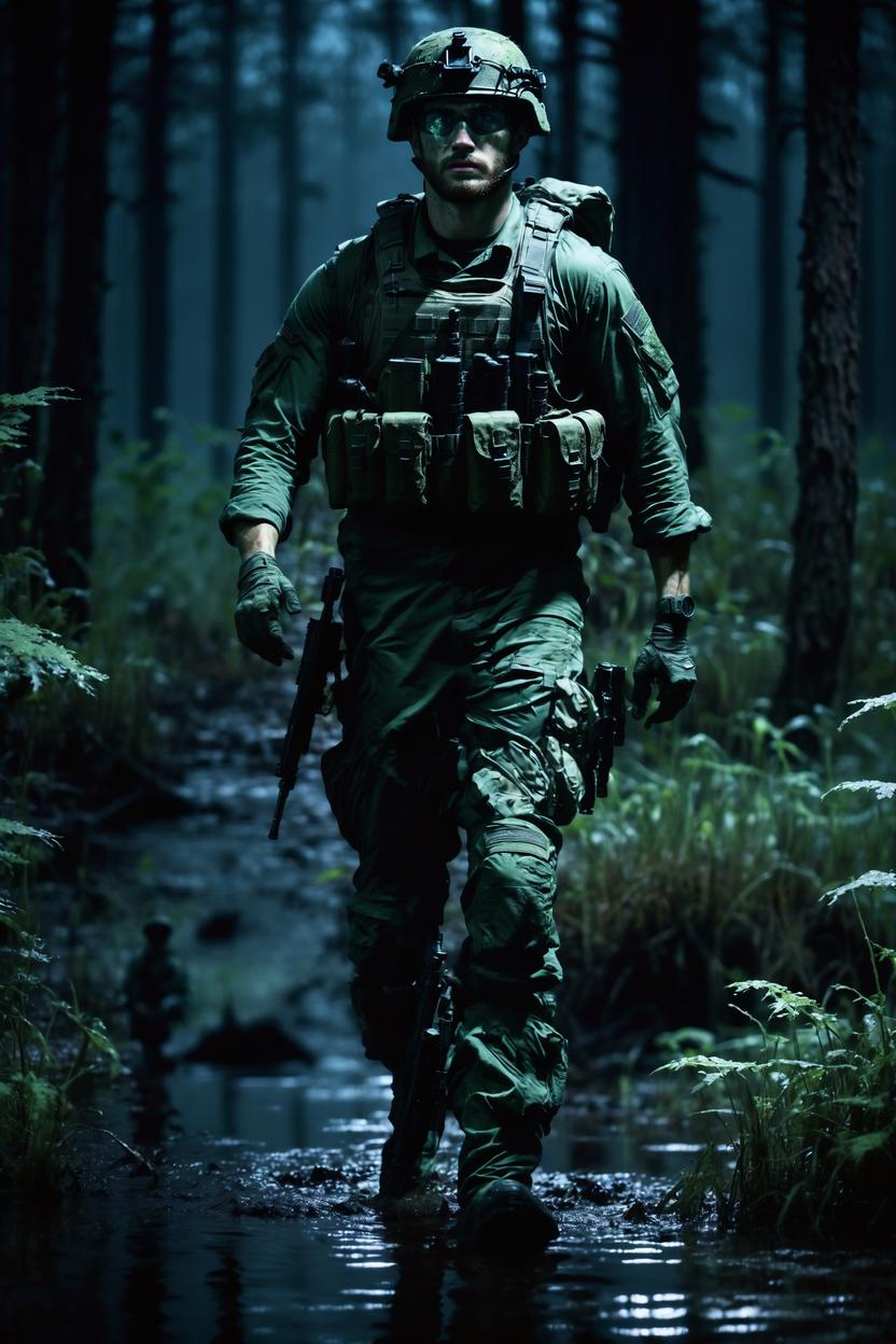 Artificial Intelligence (AI) generated image art,  ((night vision view)), ..., as special operations soldier, from the side, stealthily walking with his squad in a swampy forest, in dark night, action shot, stunning photograph,