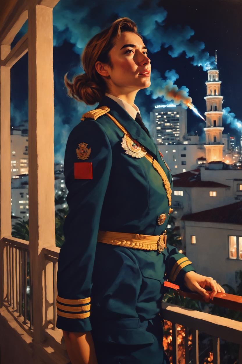 Artificial Intelligence (AI) generated image art, ..., as tropical dictator, art by greg rutkowski, in uniform holding a cigar, enjoying leaning back, on a balcony, explosions in city