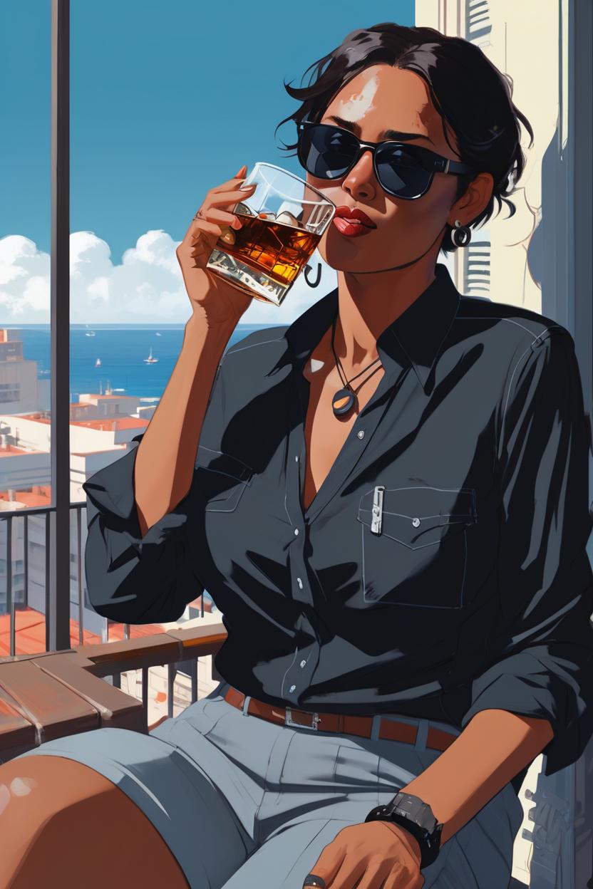 Artificial Intelligence (AI) generated image art, ..., sitting on a balcony, legs swinging back, wearing sunglasses and a black unbuttoned shirt, Derek Gores, sipping a scotch whiskey, by Josan Gonzalez and Tomer Hanuka and Geof Darrow and Brad Rigney and Greg Rutkowski,highly detailed, UHD, 8K, Ghost in the shell, Blade Runner, Trending on artstation, bokh, dof