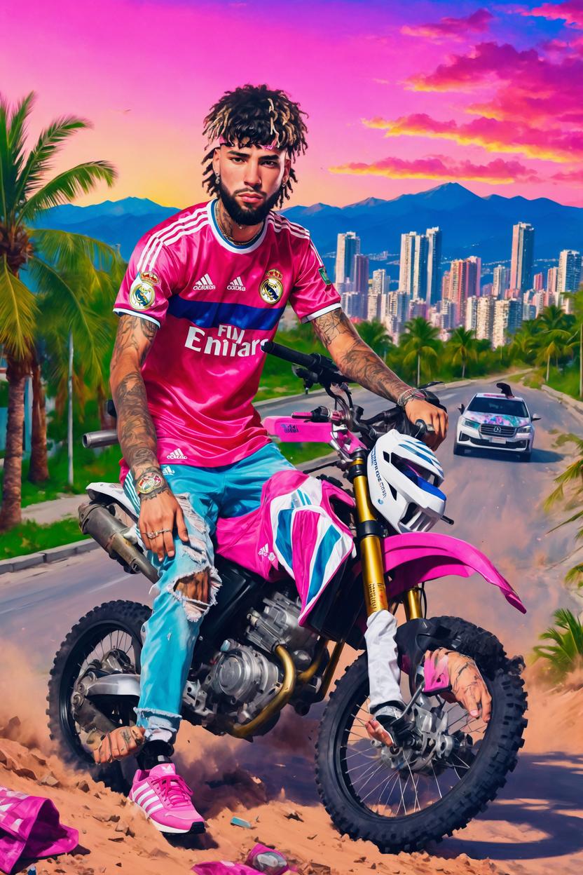 Artificial Intelligence (AI) generated image art, ..., in GTA VI Poster style wearing2015 pink adidas Real Madrid soccer jersey, ripped jeans, gun in hand, palm trees and cars in the background, on a dirt bike, highly detailed, cel shading, with same haircut and hairstyle, digital painting style, dramatic composition, in Medellin, vector image, helicopter in background, city in background, colombia flag in background