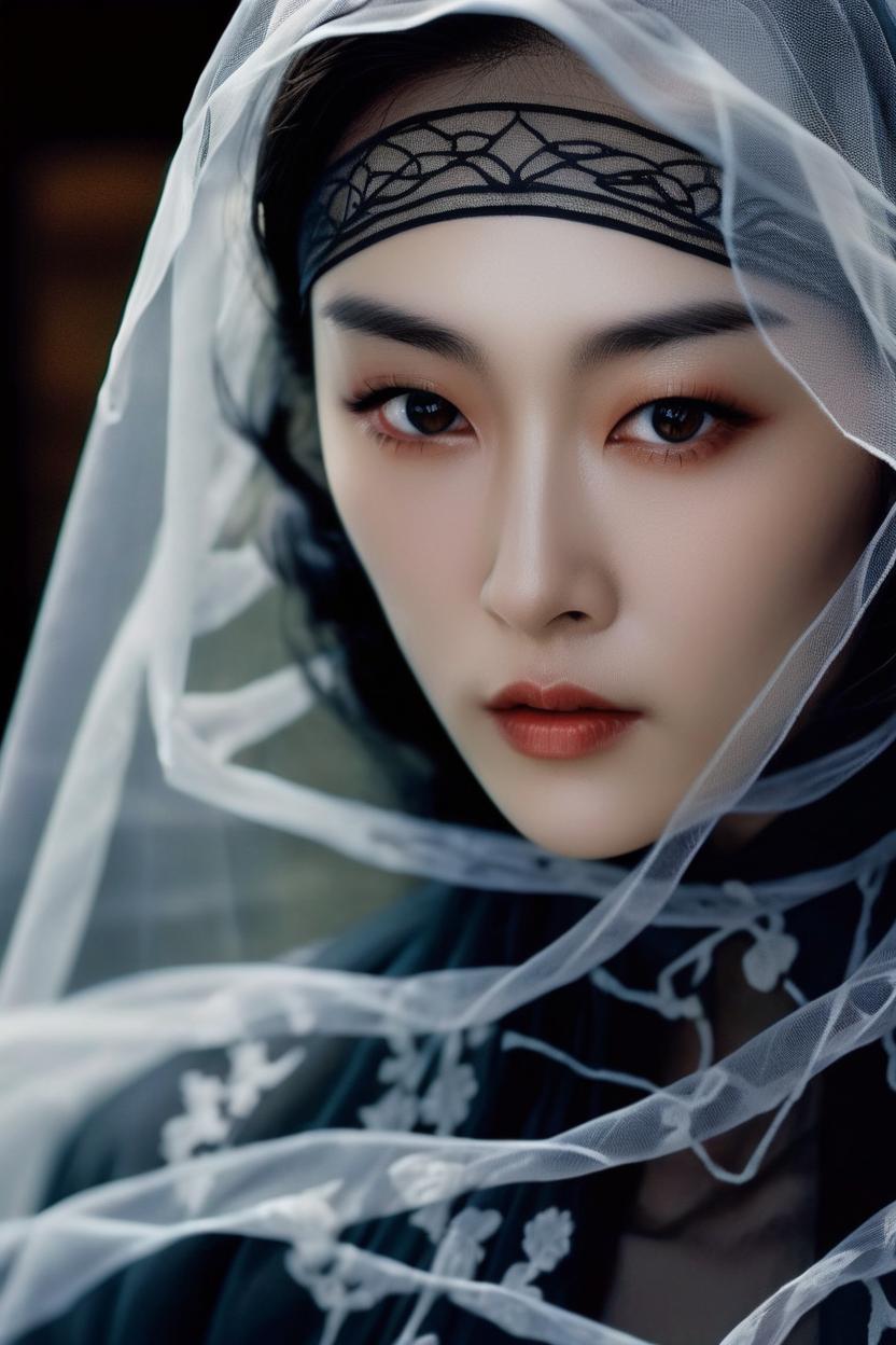 Artificial Intelligence (AI) generated image art, ..., portrait of a stunningly beautiful ghostly haunting female with a veil in soft light, depth of field, zeiss lens, detailed, symmetrical, centered, fashion photoshoot, by annie leibovitz and steve mccurry, david lazar, jimmy nelsson, breathtaking, 8 k resolution, extremely detailed, beautiful, establishing shot, artistic, hyperrealistic, beautiful face, octane renderhandsome portrait of beautiful female ..., (leave space above head), (coloured ink drawing), ((art by yoji shinkawa))