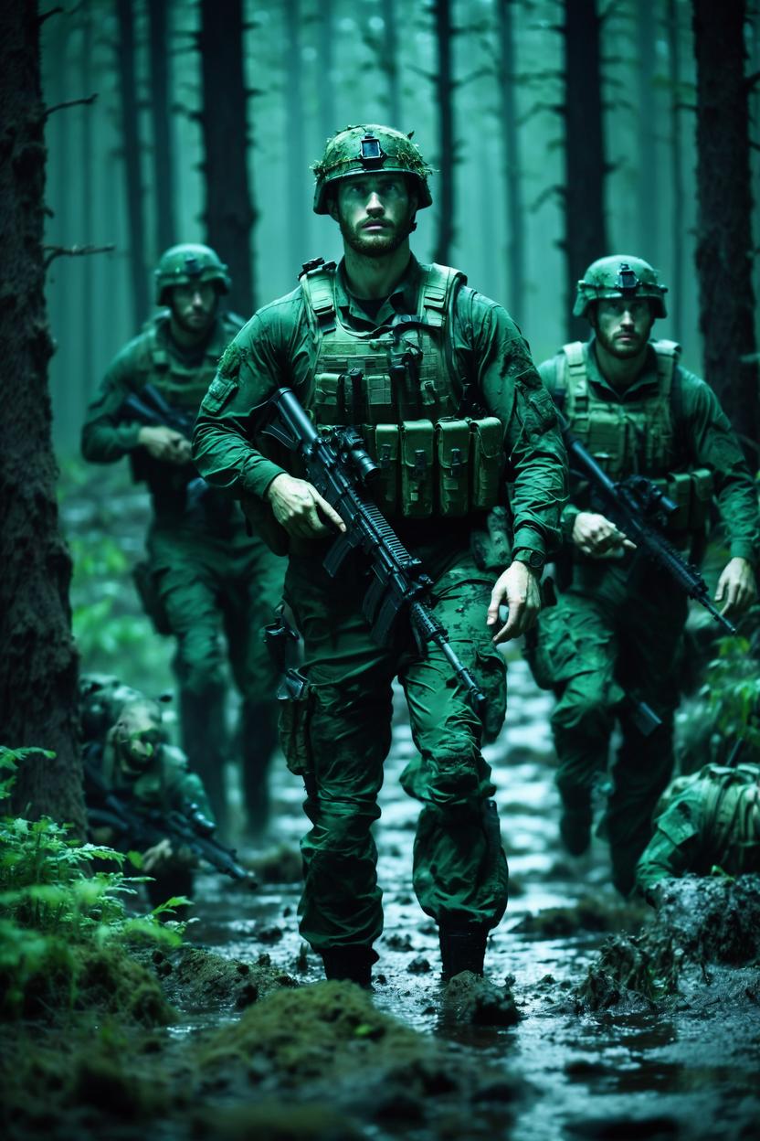 Artificial Intelligence (AI) generated image art, ...,((night vision photo)), as special operations soldier, stealthily walking with his squad in a swampy forest, action shot, stunning photograph,