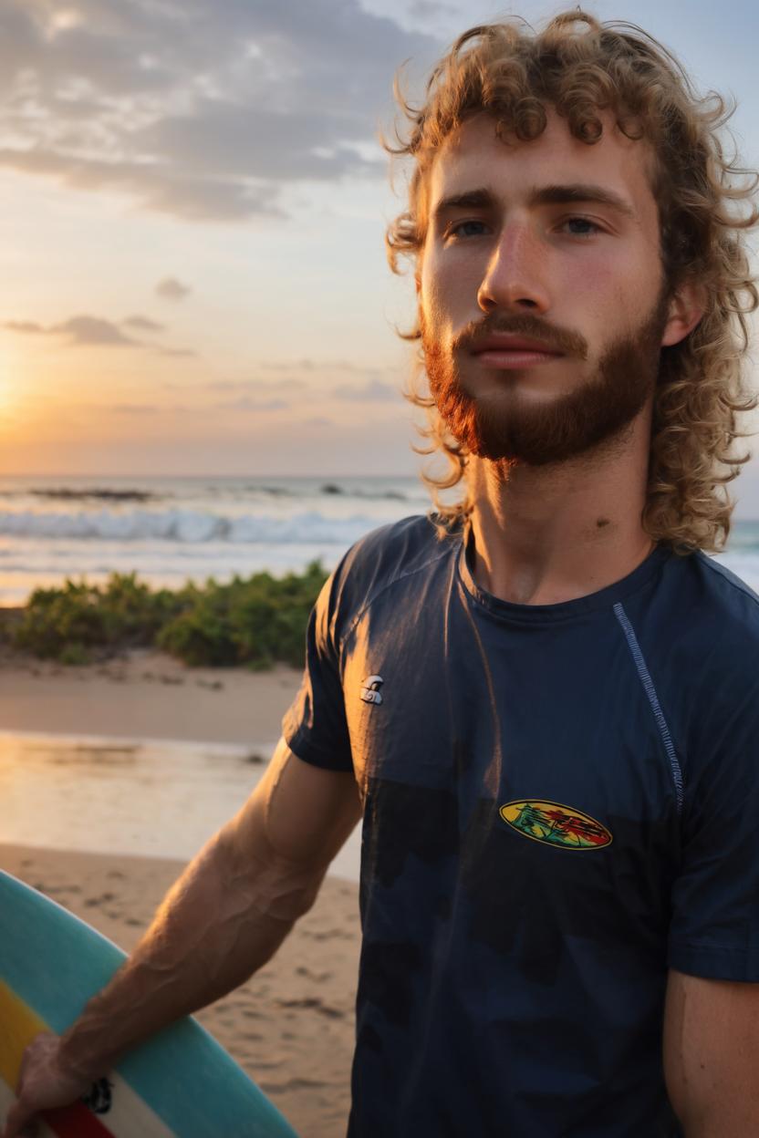 Artificial Intelligence (AI) generated image art, ..., portrait, long blonde wavy hair, holding surfboard on tropical beach, sunset, stunning photograph