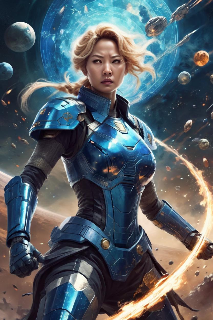 Artificial Intelligence (AI) generated image art, ... as astrological goddess, fighting in galactical wars, artistic illustration, majestic figure, sci-fi movies, anime style