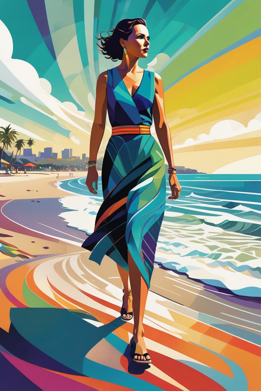 Artificial Intelligence (AI) generated image art, (...) portrait, editorial illustration, woman walking down a beach, modern art deco, colorful, christopher balaskas, victor ngai, rich grainy texture, detailed, dynamic composition, wide angle, moebius, matte print