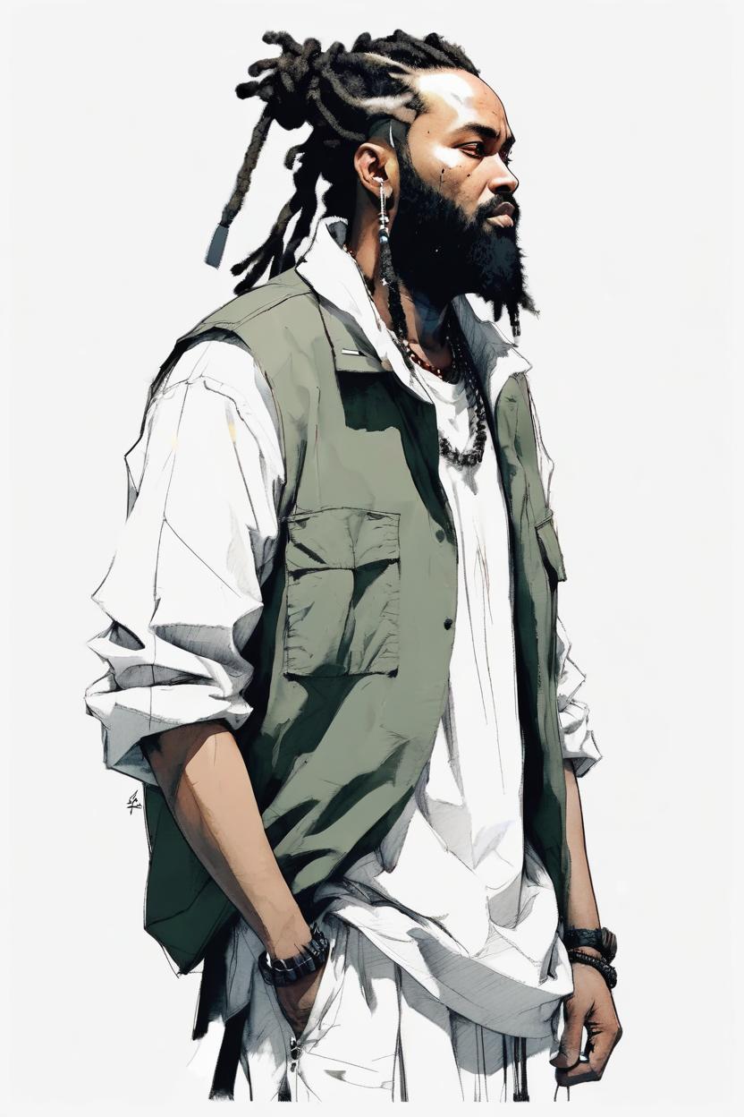 Artificial Intelligence (AI) generated image art, character design, unfinished pencil sketch, ample body, big full beard, dreadlocks in a bun, baggy clothes, concept design sheet, white background, style of yoji shinkawa, side view, full body portrait,