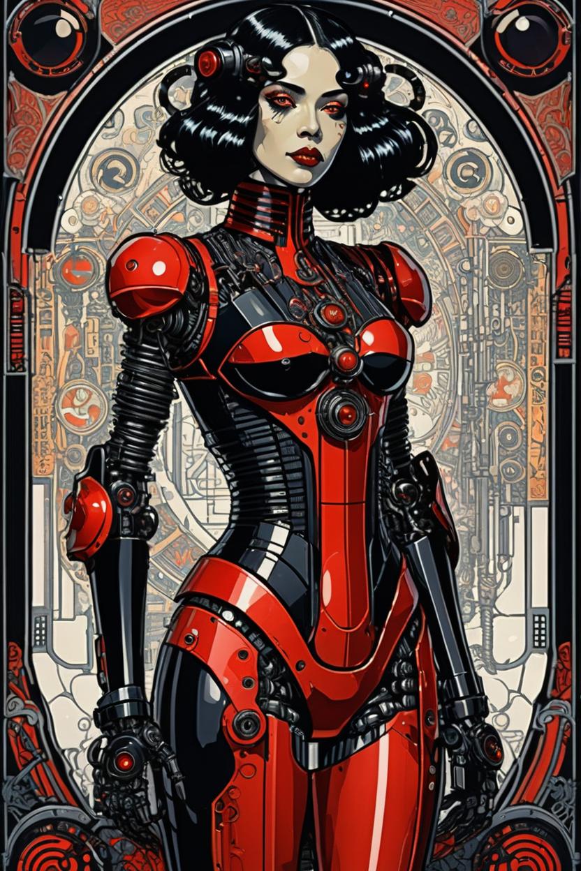 Artificial Intelligence (AI) generated image art, (*...*), portrait, artwork by Ivan Bilibin, Art Nouveau, tarot, cyberpunk, red and black android, cyborg, robotic, with black hair, dark eyes, black irises, full body