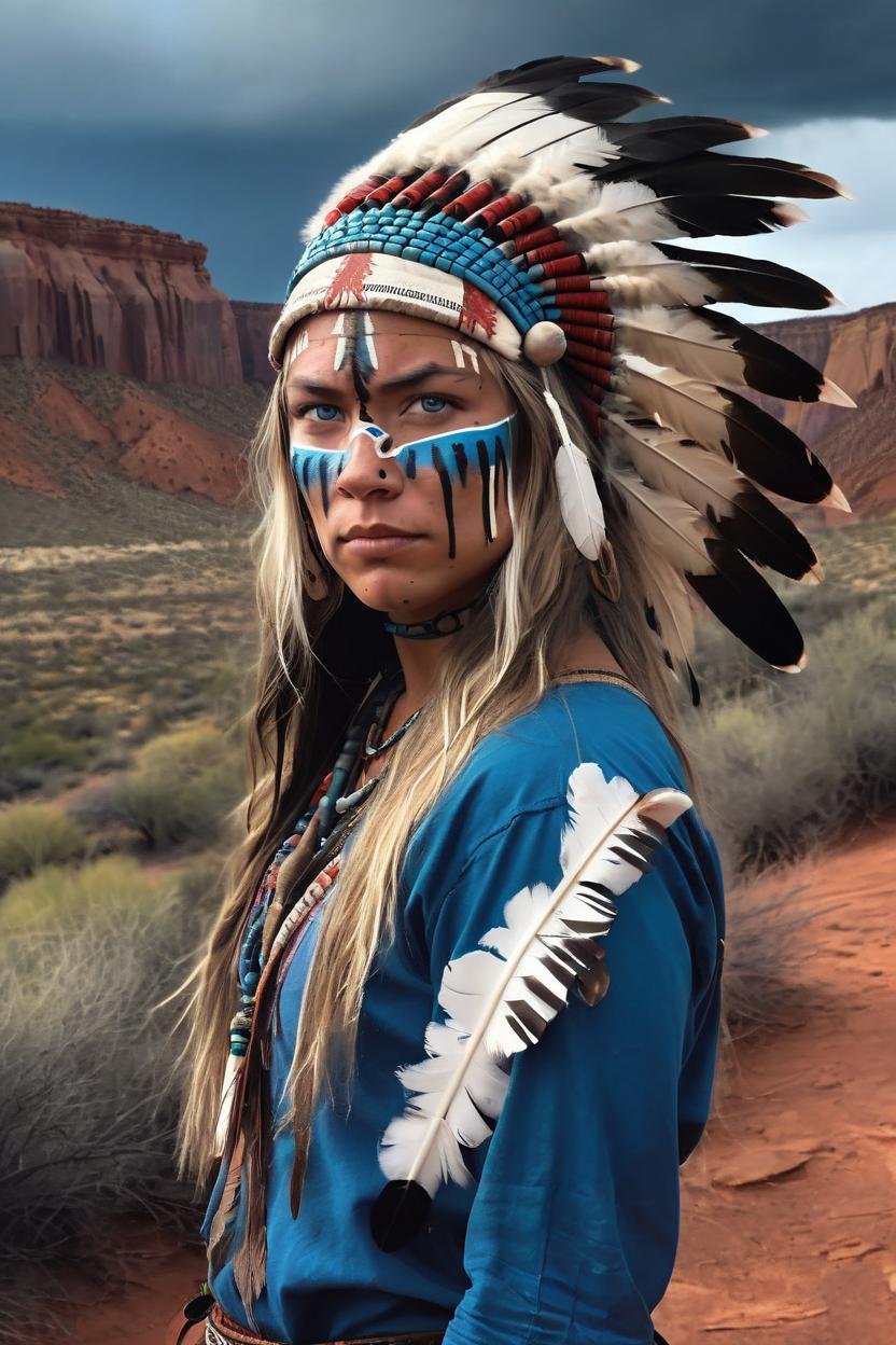 Artificial Intelligence (AI) generated image art, ..., (portrait), ((((full body)))), ((art By Mark Maggiori)), (beautiful native American), showing skin (Provocative looking), (a little war paint), 25 year old native american warrior, wearing a headdress, adventure, blue eyes, blonde long hair, standing at the top of a cliff, highly detailed, sharp focus, southwest red desert cliffs with dark stormy skies in the background,