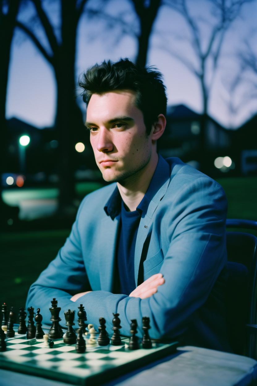 Artificial Intelligence (AI) generated image art, portrait photo of ... playing chess, good posture, cinematic, blue hour, Kodak Portra 800 film SMC Takumar 35mm f/ 2. 8 c 50, detailed face