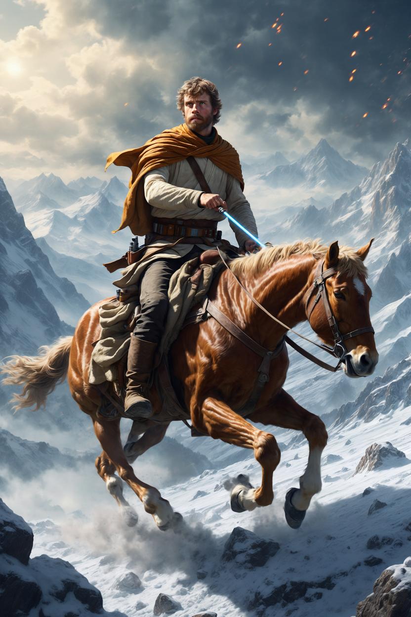 Artificial Intelligence (AI) generated image art, ..., star wars, Luke Skywalker Crossing the Alps, riding an Orbak, after Jacques Louis David,  Andrea Gatti. sci-fi, highly detailed, hdr, cinematic lighting