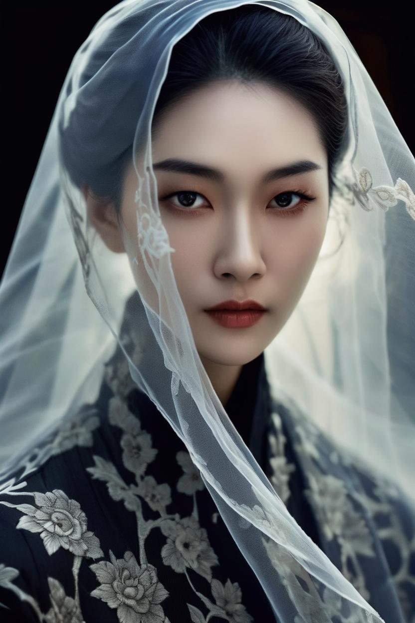 Artificial Intelligence (AI) generated image art, ..., portrait of a stunningly beautiful ghostly haunting female with a veil in soft light, depth of field, zeiss lens, detailed, symmetrical, centered, fashion photoshoot, by annie leibovitz and steve mccurry, david lazar, jimmy nelsson, breathtaking, 8 k resolution, extremely detailed, beautiful, establishing shot, artistic, hyperrealistic, beautiful face, octane renderhandsome portrait of beautiful female ..., (leave space above head), (coloured ink drawing), ((art by yoji shinkawa))