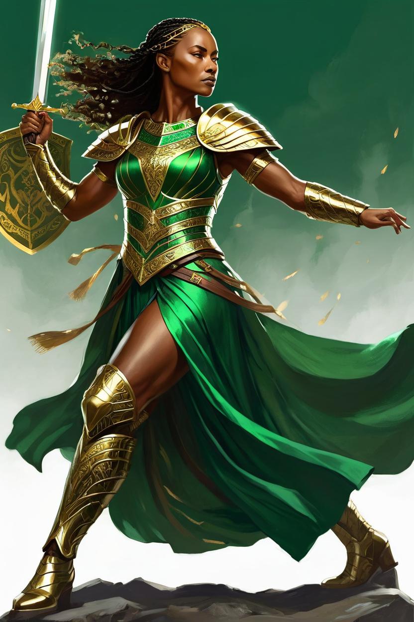 Artificial Intelligence (AI) generated image art, ..., imposing goddess, sigyn, norse mythology, wearing flowing green dress with gold armor, standing in a warrior pose, sword drawn, the use of light and shadow is particularly striking, the artwork is a groundbreaking and breathtaking masterpiece,