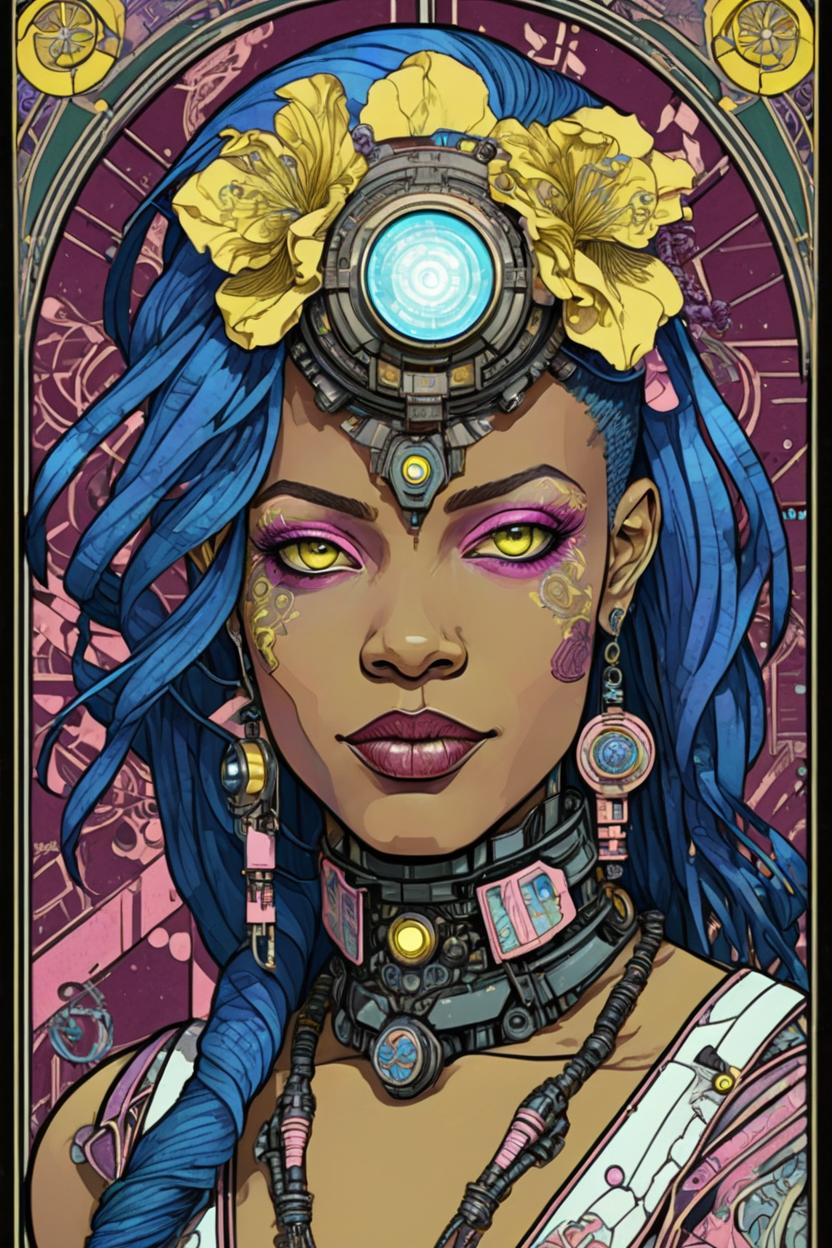 Artificial Intelligence (AI) generated image art, (*...*), portrait, artwork by Ivan Bilibin, Art Nouveau, tarot, cyberpunk, yellow and pink android, cyborg, robotic, with blue hair, white eyes, mauve irises, full body