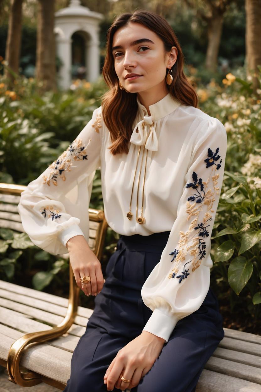 Artificial Intelligence (AI) generated image art, ((...)), Wearing a chiffon blouse in ivory, long bell sleeves and a mock neck. The top is made of sheer chiffon and includes floral embroidery. It features a loose, flowy fit and is accentuated with keyhole button closure at the back. Paired with tailored trousers in navy blue. These bottoms are straight-leg with a high-waisted design and made of crepe fabric. They include crisp pleats. Completing the look with pointed-toe flats in metallic gold, featuring a dainty bow. Accessories include a thin gold chain necklace, and a leather satchel in tan, adding a touch of elegance. Sitting on a marble bench in a lush botanical garden, during a serene afternoon. Extremely detailed photograph, stunning quality, beautiful lighting, creating a masterpiece, award-winning photograph