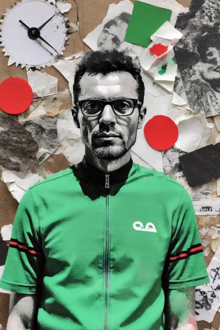 Artificial Intelligence (AI) generated image art, ((..., dada portrait, as age 25, art by Lubaina Himid, cut up portrait, black and white photo)), red and green accent colours, cycling, mountain bike, texture, found objects, Objet Trouvé