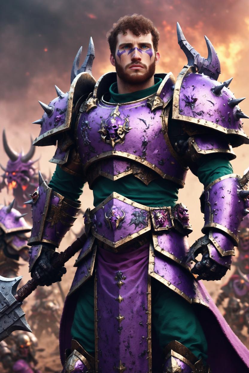 Artificial Intelligence (AI) generated image art, ((...)), wearing Slaanesh armor, warhammer III, digital art, leading the troops, giant