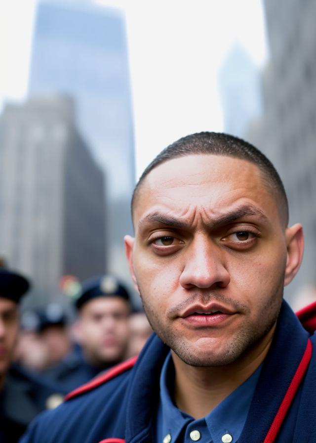 Artificial Intelligence (AI) generated image art, ..., early morning on September 11th running into the World Trade Center, candid wide-angle portrait, ((daytime lighting)), (addressing a crowd of people as far as the eye can see), photorealistic, cinematic, 8k, ultra-detailed, extremely sharp focus, dressed in a FDNY uniform”