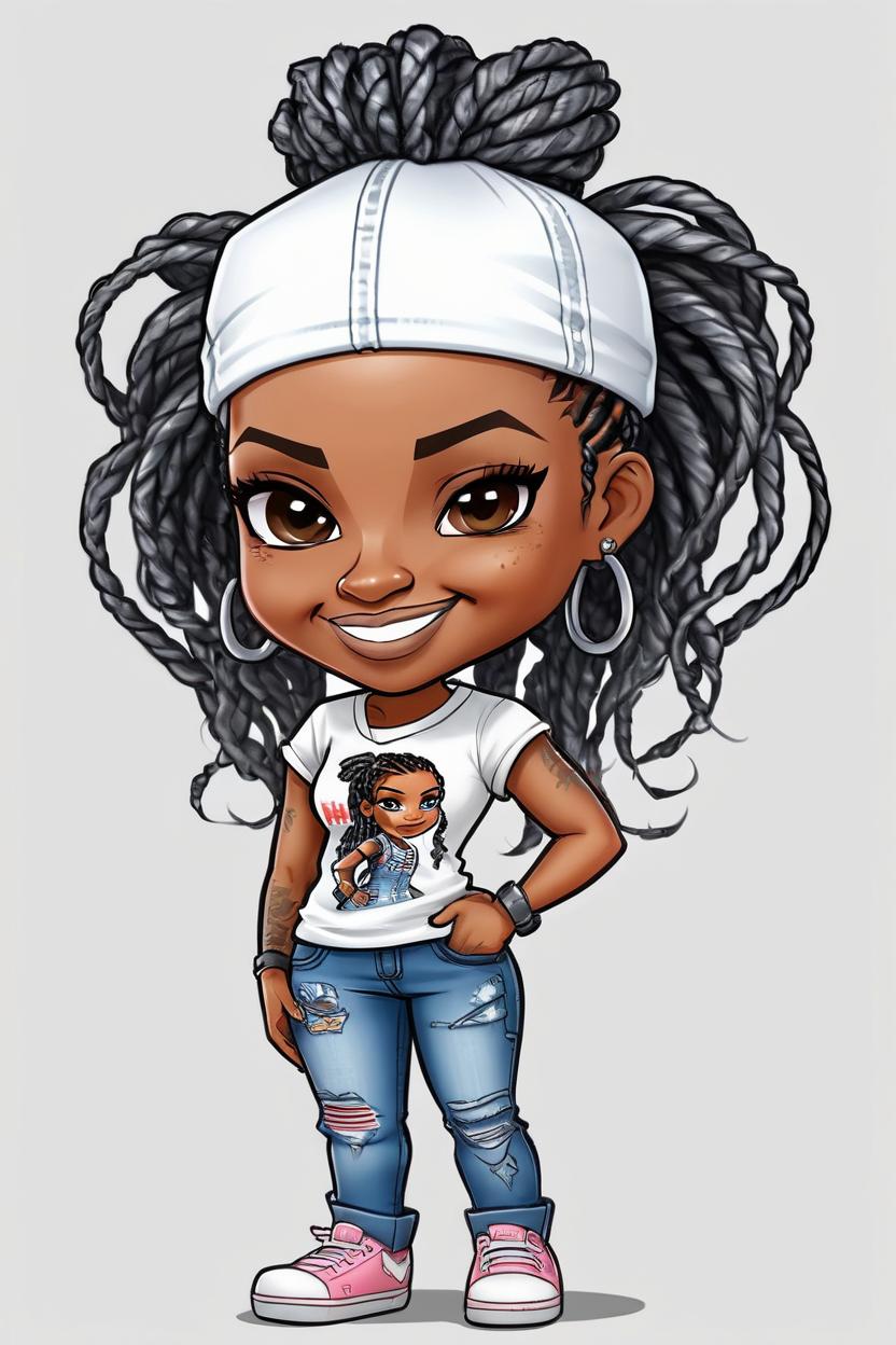 Artificial Intelligence (AI) generated image art, ..., Full body, wide shot, head to toe shot of an Airbrush Cartoon Chibi illustration of an African American woman, standing and looking over her shoulder playfully, 8x11 aspect ratio. She\'s dressed in ripped skinny jeans and a stylish crop top. Her hair is styled in Senegalese twists. Bright white background. (\"Drawn with\") Airbrush techniques, fine detailing, chibi proportions.\"