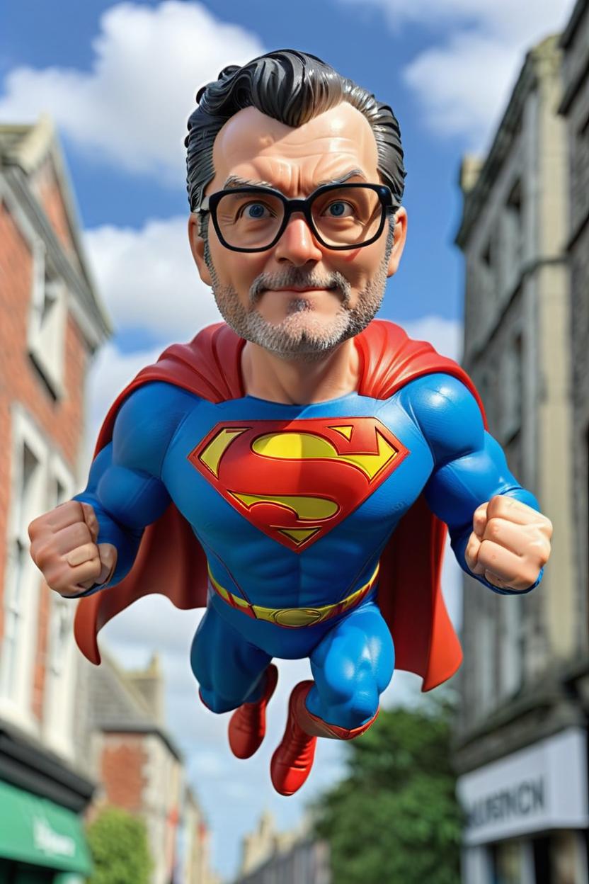 Artificial Intelligence (AI) generated image art, ((...)), with glasses, as a figurine, fullbody, flying through air in a Superman pose, dressed as Superman with a Dublin Ireland cityscape background, action figure, plastic