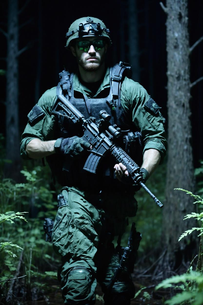 Artificial Intelligence (AI) generated image art, ..., ((night vision photo)), as special operations soldier, wearing specops gear, from the side, stealthily walking with his squad in a swampy forest, in dark night, action shot, stunning photograph,