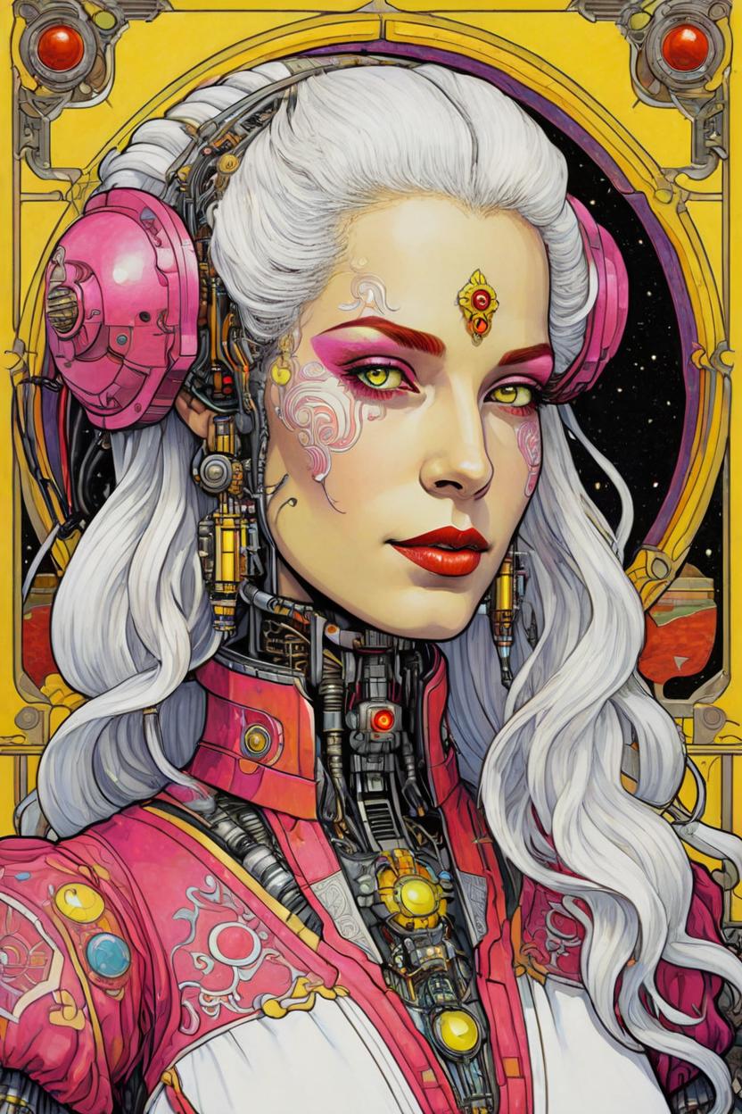 Artificial Intelligence (AI) generated image art, (*...*), portrait, artwork by Ivan Bilibin, Art Nouveau, tarot, cyberpunk, pink and yellow android, cyborg, robotic, with white hair, white eyes, red irises, full body