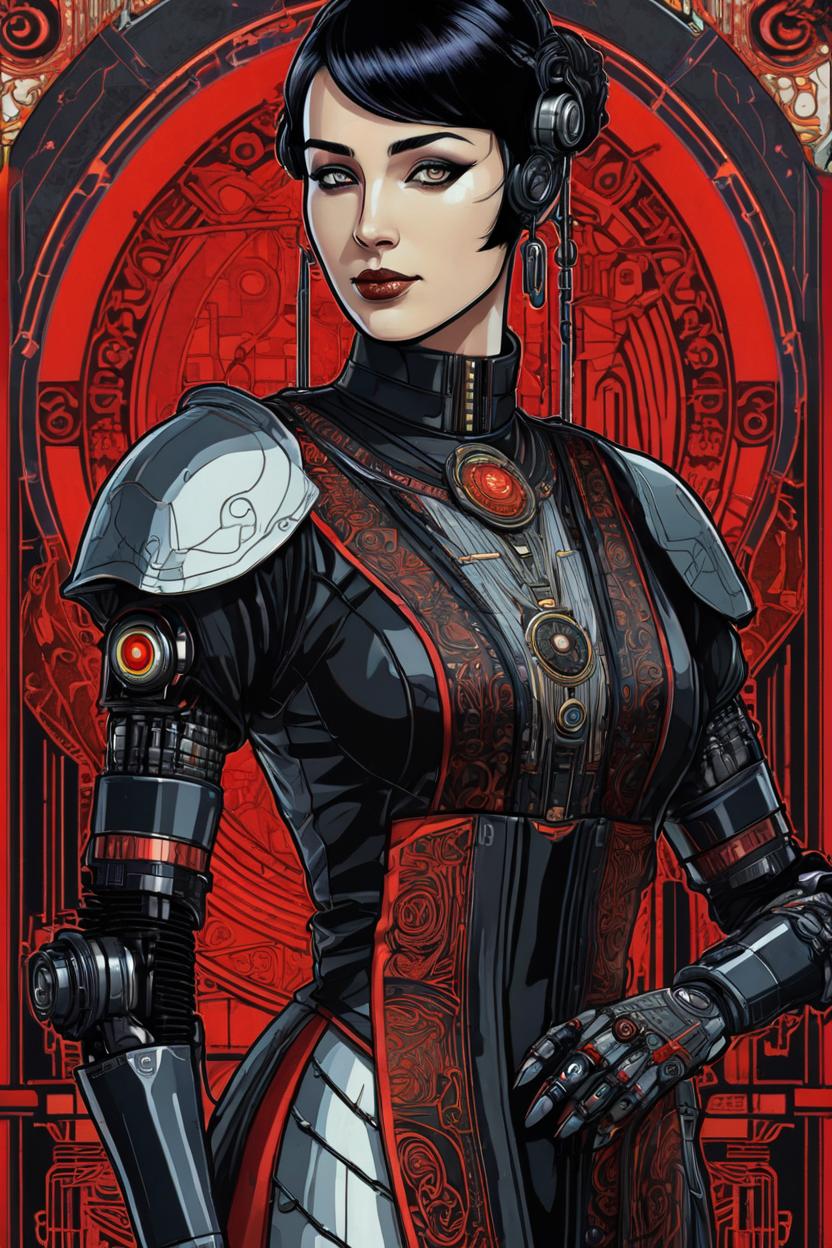 Artificial Intelligence (AI) generated image art, (*...*), portrait, artwork by Ivan Bilibin, Art Nouveau, tarot, cyberpunk, red and black android, cyborg, robotic, with black hair, dark eyes, black irises, full body