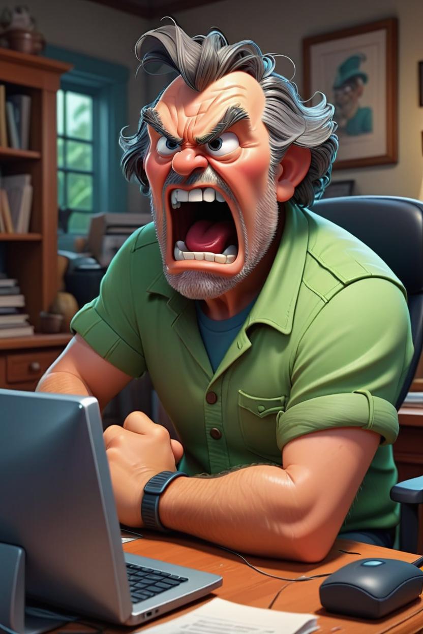 Artificial Intelligence (AI) generated image art, (disney 3d animation style), 3d animation of ..., illustration, cartoon, digital painting, being very angry at a computer