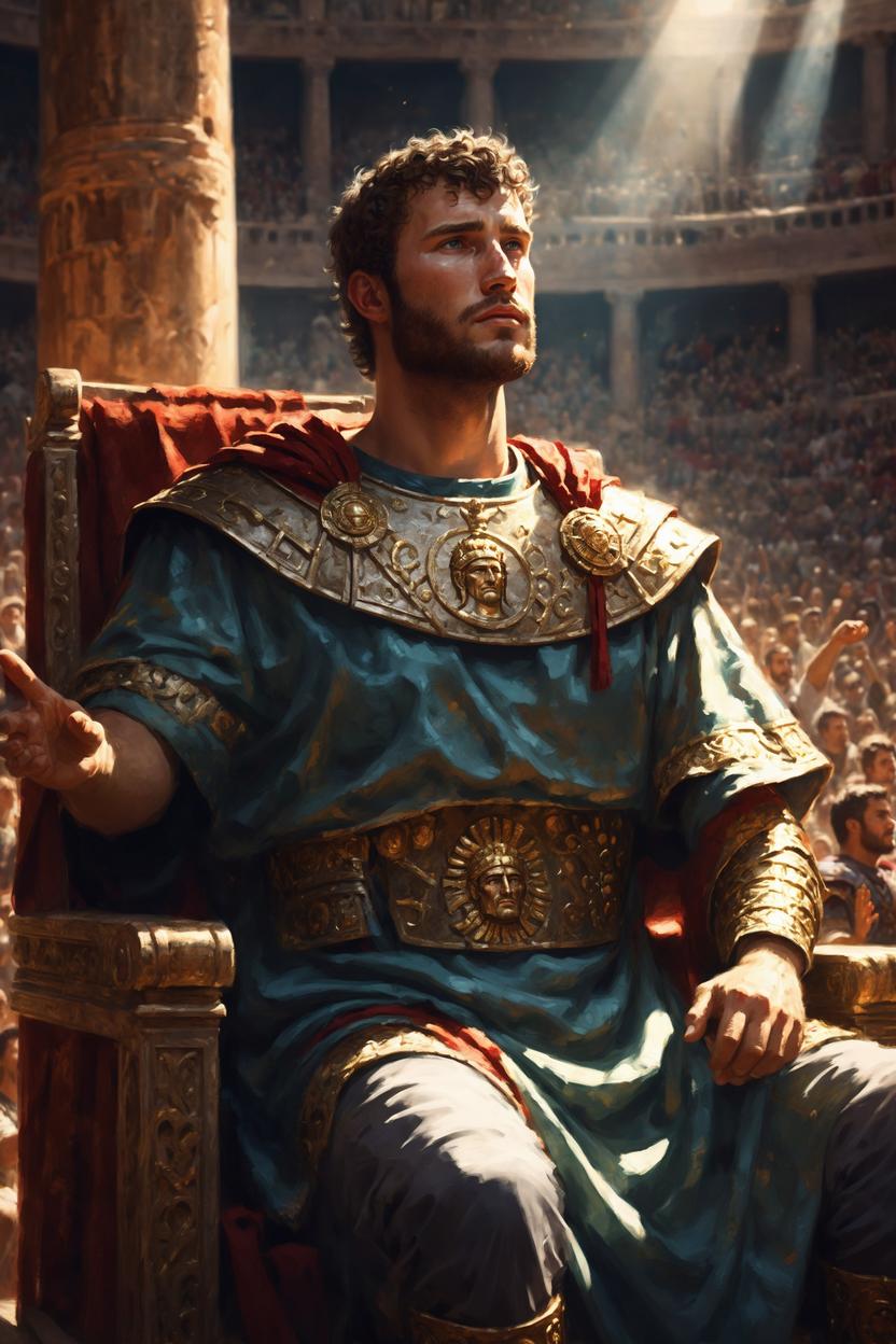 Artificial Intelligence (AI) generated image art, ..., as roman emperor, art by greg rutkowski, in the emperor throne in colosseum, waving to the crowd, stunning artwork, beautiful light