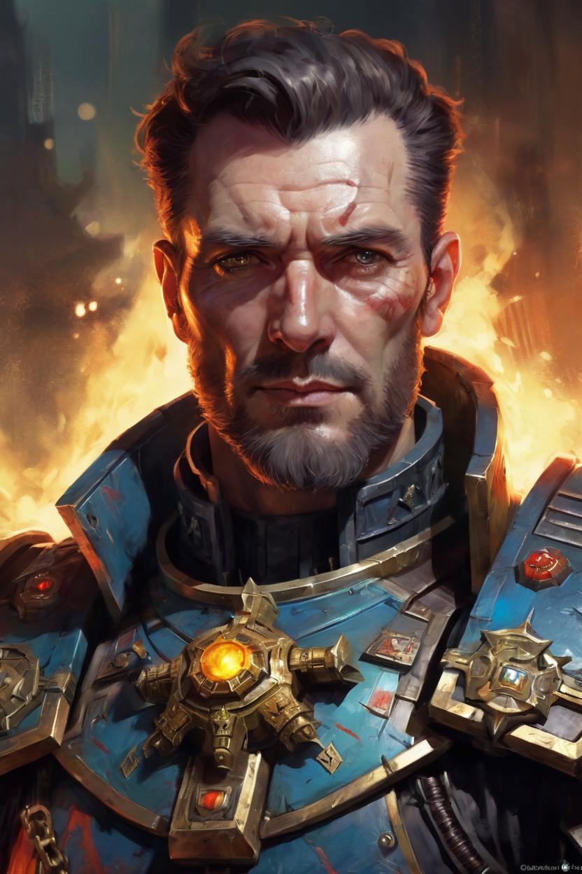 Artificial Intelligence (AI) generated image art, ((..., handsome portrait, warhammer 40k, warhammer inquisitor, radiant light, caustics)), (war hero, psychedelic dmt, by gaston bussiere, bayard wu, greg rutkowski, giger, maxim verehin)